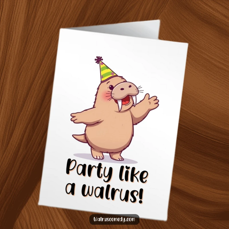 Funny Free Printable Birthday Card: Excited walrus in a party hat dancing joyfully, celebrating a wild birthday bash.