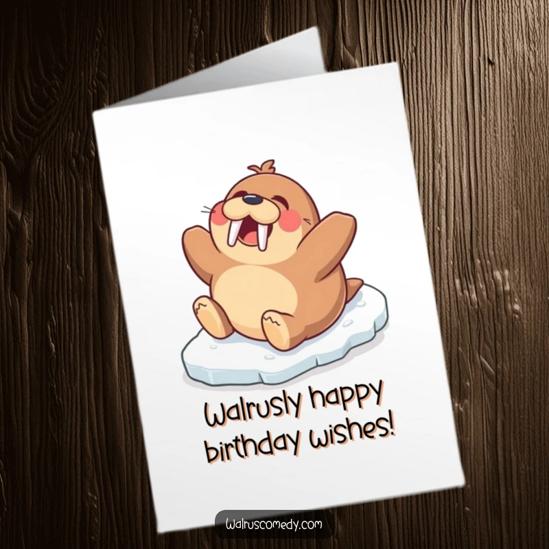 Funny Free Printable birthday card featuring a gleeful walrus zooming down an icy slope, spreading birthday cheer. A hilarious downloadable gift.
