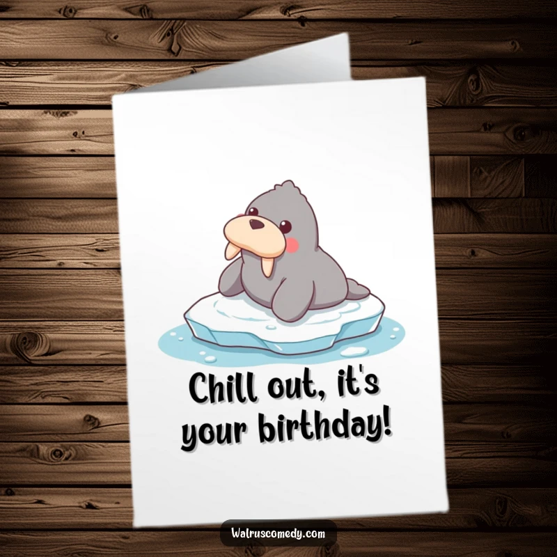 Funny Free Printable Birthday Card: Adorable walrus joyfully sliding on ice, spreading cheer. A comical, downloadable greeting for any celebration.
