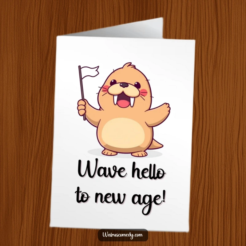 Funny Free Printable Birthday Card: A kawaii walrus gleefully waves a tiny flag with a super excited and cheerful expression.