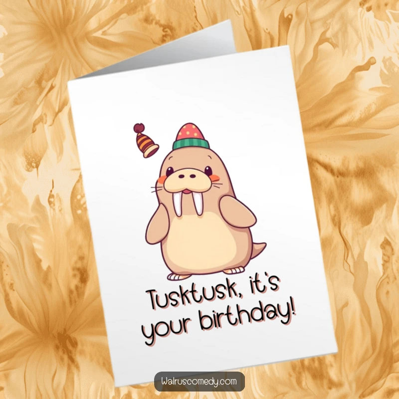Funny Free Printable Birthday Card: A kawaii walrus with a big smile balances a tiny, whimsical hat on its tusk.