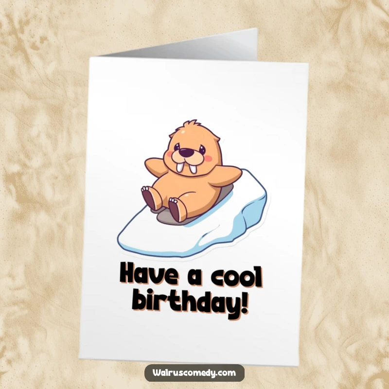 Funny Free Printable Birthday Card: A happy kawaii walrus with a big grin sliding down an icy hill.