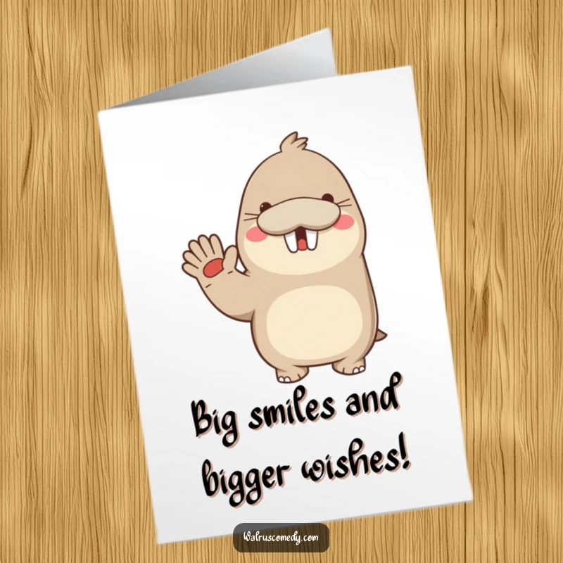 Funny Free Printable Birthday Card: A kawaii walrus excitedly waves with a huge smile, radiating pure joy.