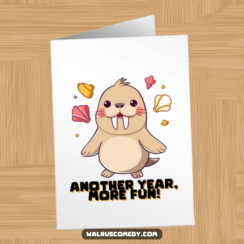 Funny Free Printable Birthday Card: A happy walrus skillfully juggling several colorful seashells in the air.