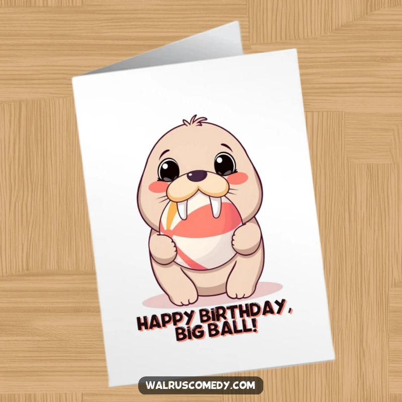 Cute Free Printable Birthday Card: Kawaii walrus with big eyes adorably balances a beach ball on its nose for a birthday.