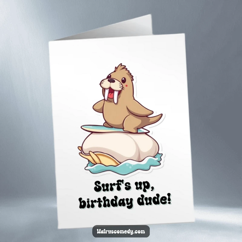 Funny Free Printable Birthday Card: Walrus gleefully surfs a giant clam with ocean spray. Energetic downloadable celebration.