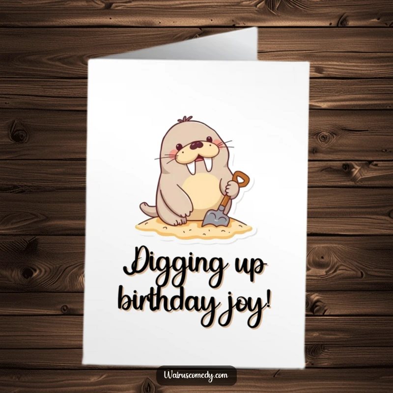 Funny Free Printable Birthday Card: An excited walrus happily digs in the sand with a small shovel, ready for fun.