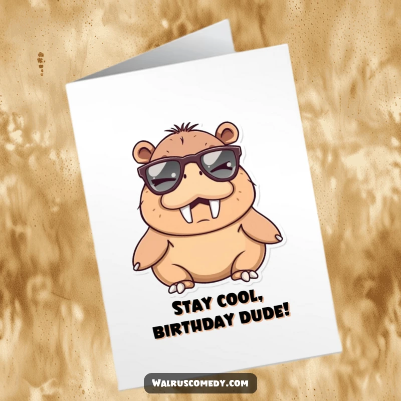 Funny Free Printable Birthday Card: Winking walrus sporting huge, cool sunglasses, ready to celebrate a birthday with flair.