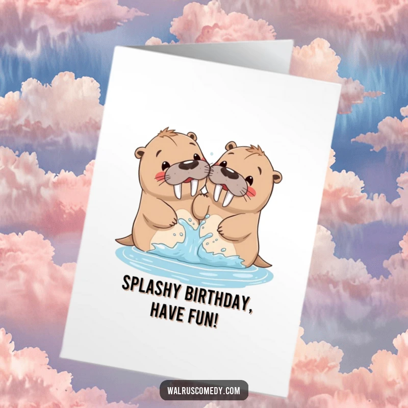 Funny Free Printable Birthday Card: Walrus siblings playfully splashing each other with water.