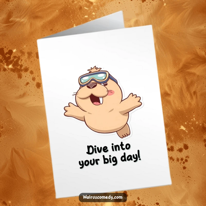 Funny Free Printable Birthday Card featuring a happy walrus in swimming goggles, diving playfully into the water with a wide smile.