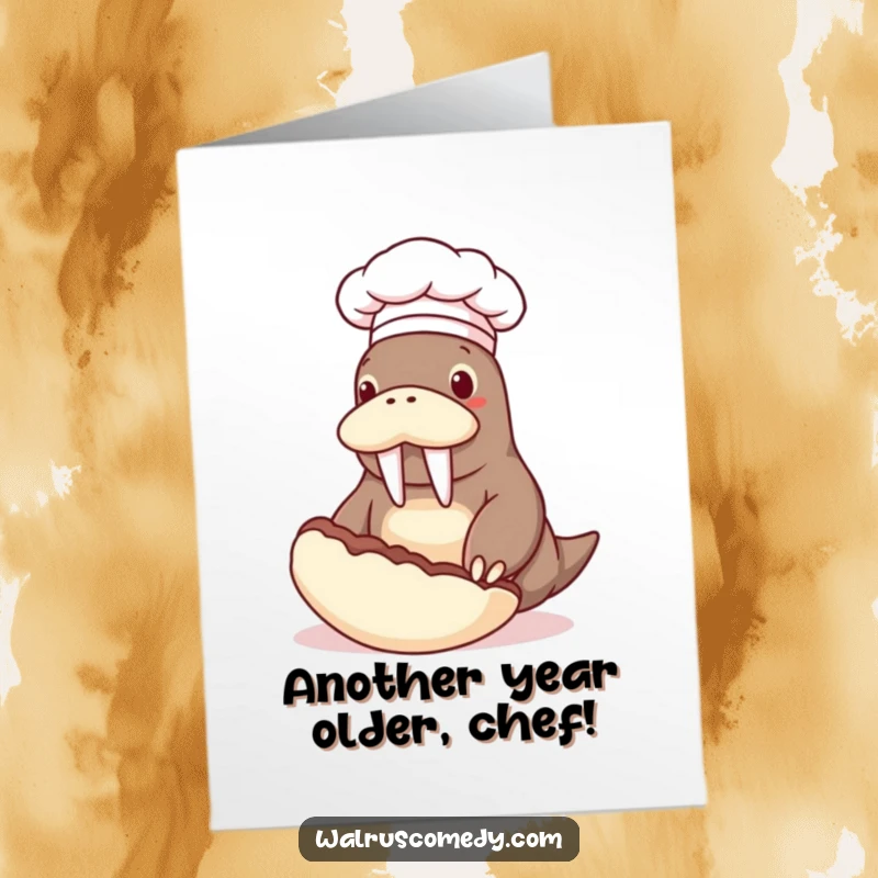 Funny Free Printable Birthday Card: Walrus in chef hat flipping a giant clam with culinary flair for a birthday surprise.