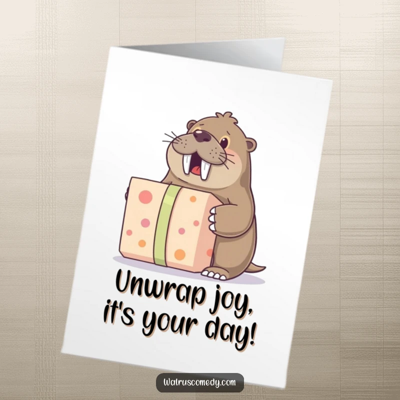 Funny Free Printable Birthday Card: Walrus excitedly unwrapping a large gift with anticipation and joy for a birthday.