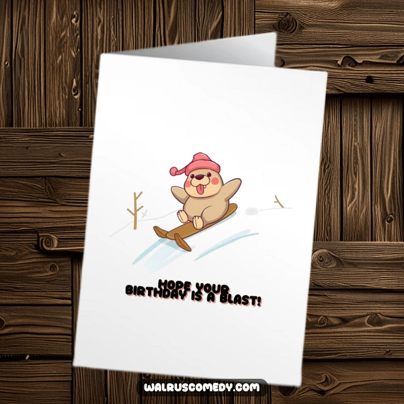Funny Free Printable Birthday Card: Walrus sliding down a snowy hill with pure glee and winter excitement.