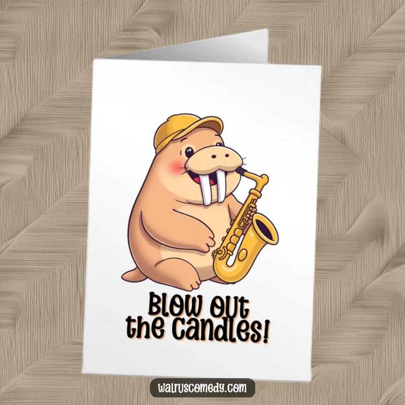 Funny Free Printable Birthday Card featuring a smiling walrus in a jaunty cap, joyfully playing a saxophone with musical notes floating around.