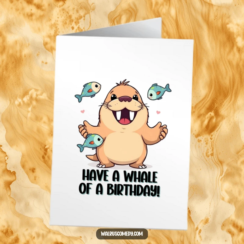 Funny Free Printable Birthday Card featuring a beaming walrus gleefully juggling several shiny fish with an enormous, toothy grin.