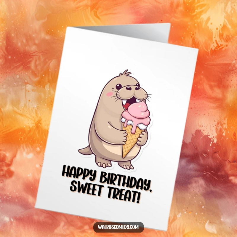 Funny Free Printable Birthday Card: Cheerful walrus happily holding a large, dripping ice cream cone, enjoying every lick.