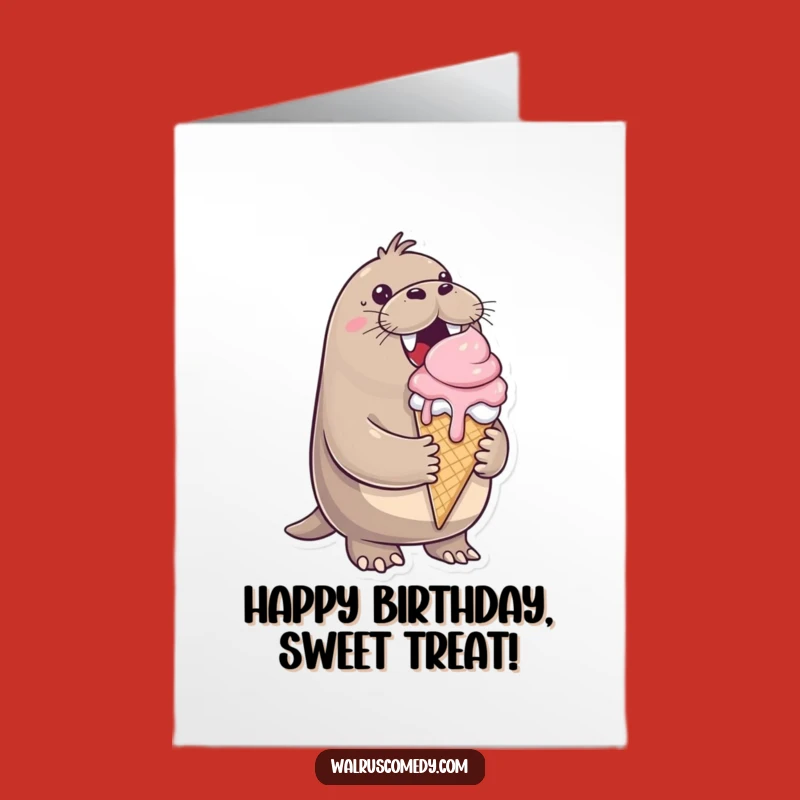 Free Printable Birthday Card: Happy Walrus, Dripping Ice Cream, Downloadable Sweet Gift