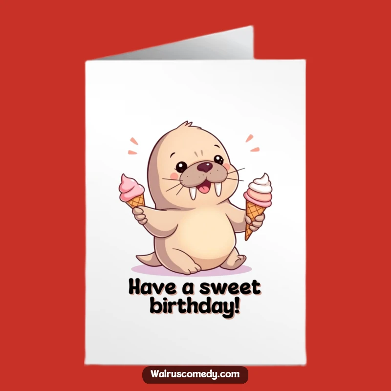 Free Printable Birthday Card: Baby Walrus Juggling Ice Cream - Sweet Gift