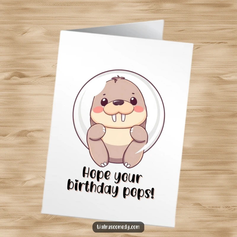 Funny Free Printable Kawaii Walrus Birthday Card: shy walrus peeking from a bright bubble with soft, innocent eyes.
