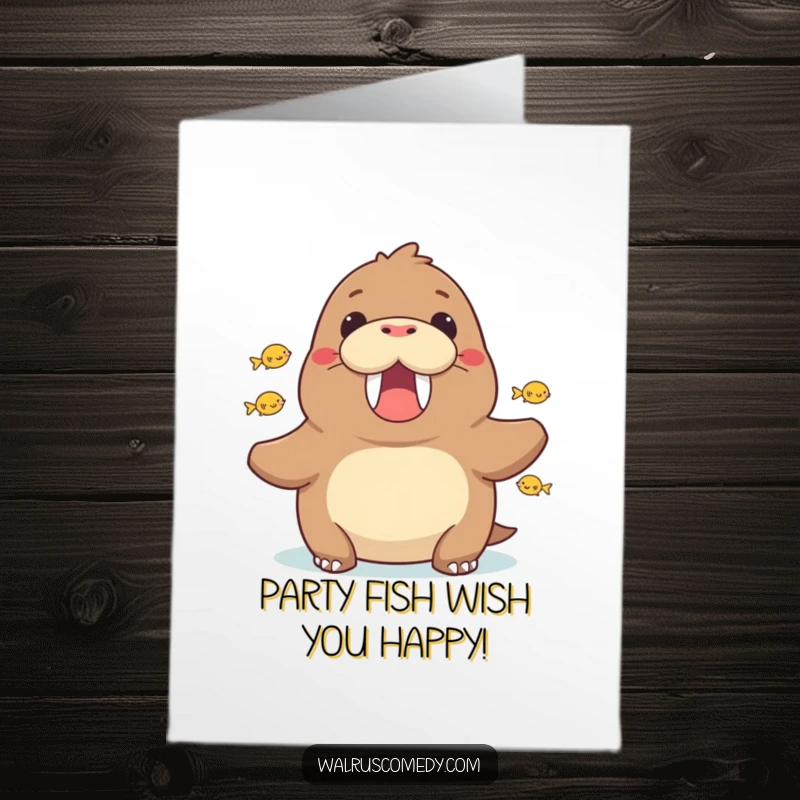 Funny Free Printable Birthday Card: Walrus cheering enthusiastically with tiny fish leaping joyfully around its head. A festive underwater scene.