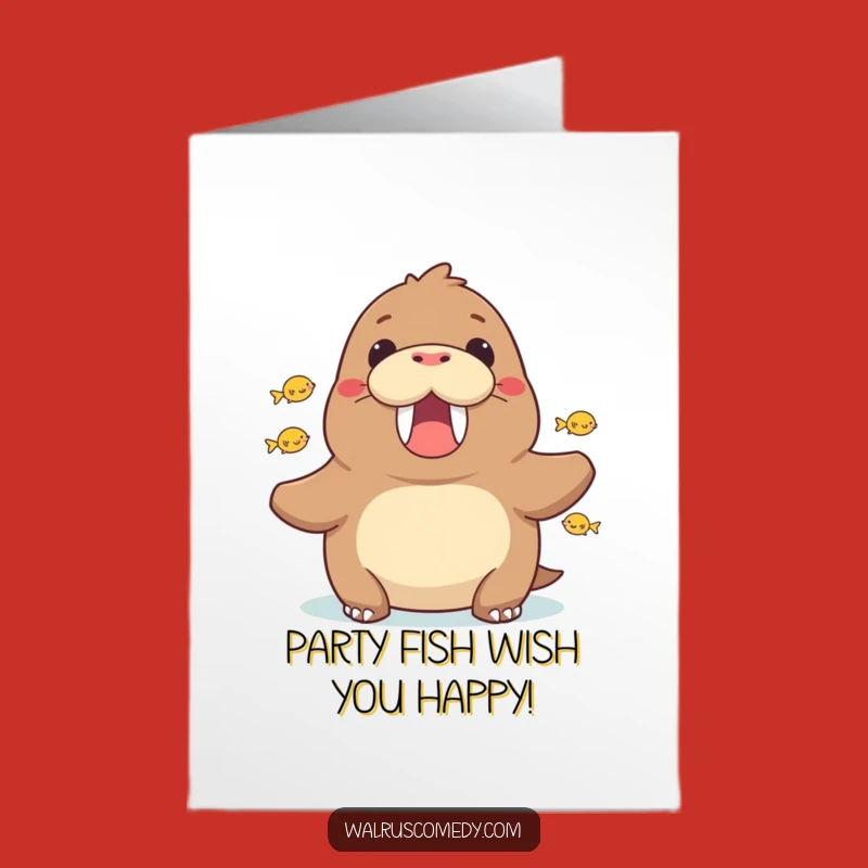 Free Printable Birthday Card: Cheerful Walrus & Fish - Instant Download Celebration!