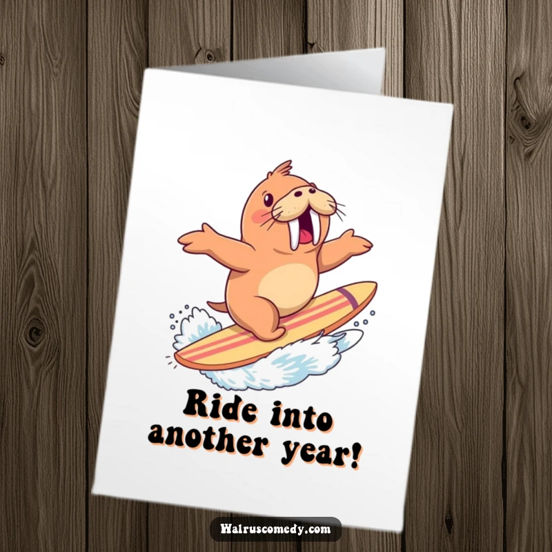 Funny Free Printable Birthday Card featuring an ecstatic walrus riding a massive surfboard, creating a huge splash with a gleeful expression.