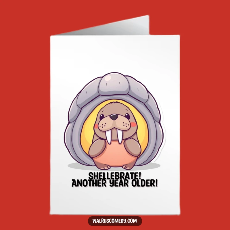 Free Printable Birthday Card: Curious Walrus Shell Surprise Funny Downloadable Gift