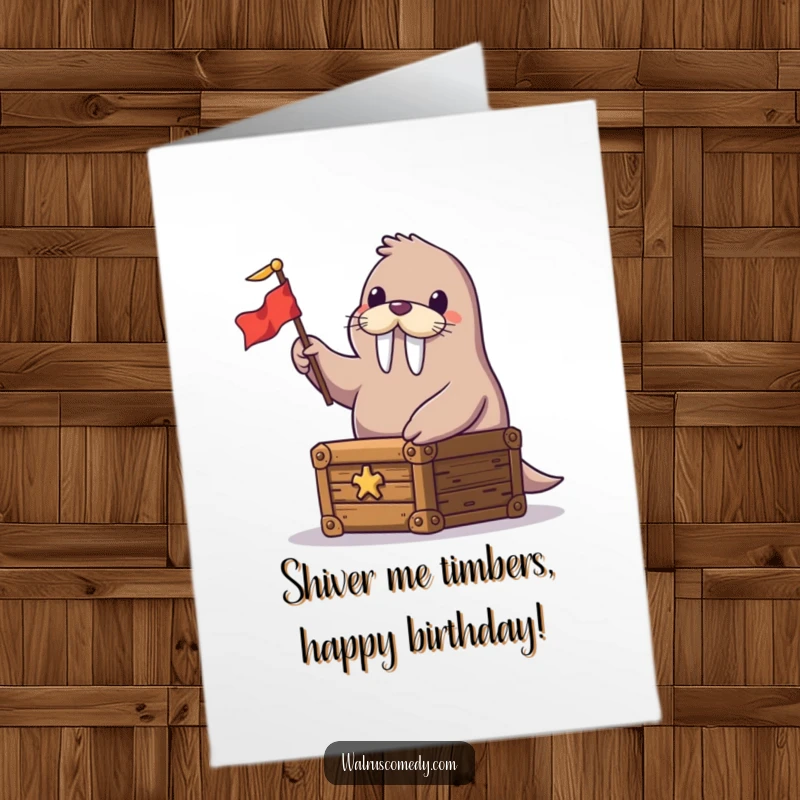 Funny Free Printable Birthday Card featuring a happy walrus waving a tiny flag from a treasure chest, ready for a DIY celebration.