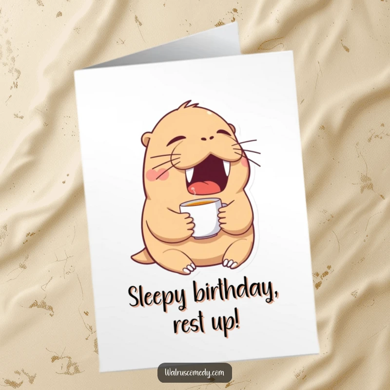 Funny Free Printable Birthday Card: Tired walrus yawning widely, holding a tiny teacup.