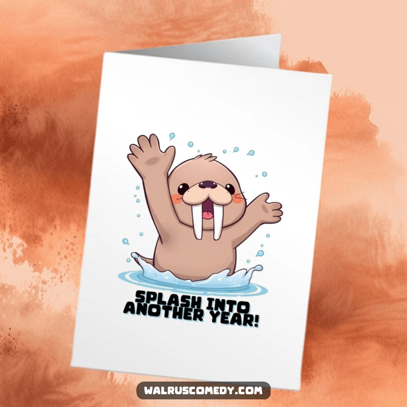 Funny Free Printable Birthday Card: Kawaii walrus joyfully splashing water everywhere with its flippers, sending happy droplets flying.