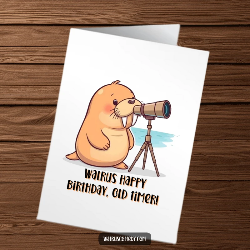 Funny Free Printable Birthday Card: Curious walrus peering through a telescope, searching for fun.