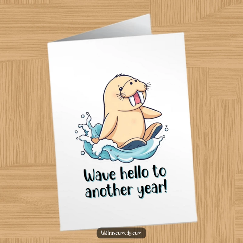 Funny Free Printable Birthday Card: A joyful walrus expertly surfs a big wave, flippers splashing, bringing birthday cheer.