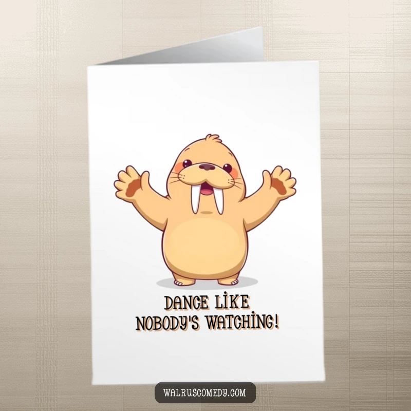 Funny Free Printable Congratulations Card showing a kawaii walrus in a silly dance pose, celebrating a success with glee.