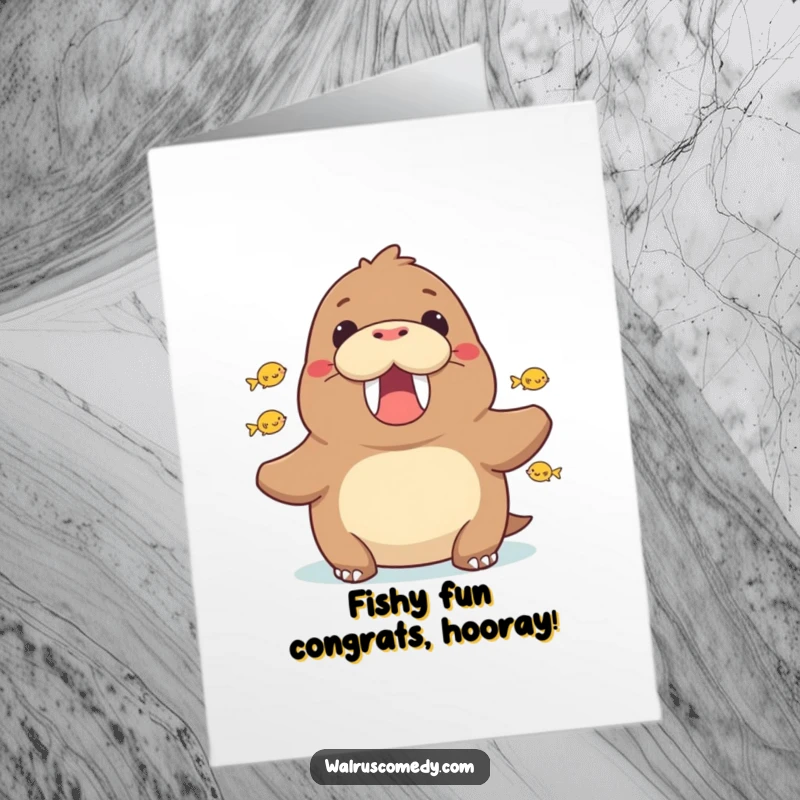 Funny Free Printable Congrats Card: Walrus cheering wildly as tiny fish jump around it, signifying a triumphant success.