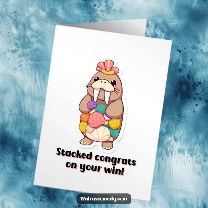 Funny Free Printable Congrats Card: Walrus expertly balancing a tower of colorful seashells, signifying a major achievement.