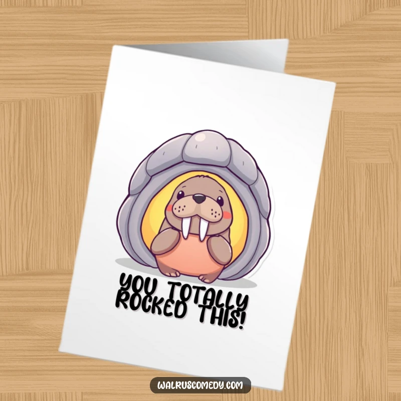 Funny Free Printable Congratulations Card: Walrus discovering a glowing shell, ideal for celebrating achievements with humor.