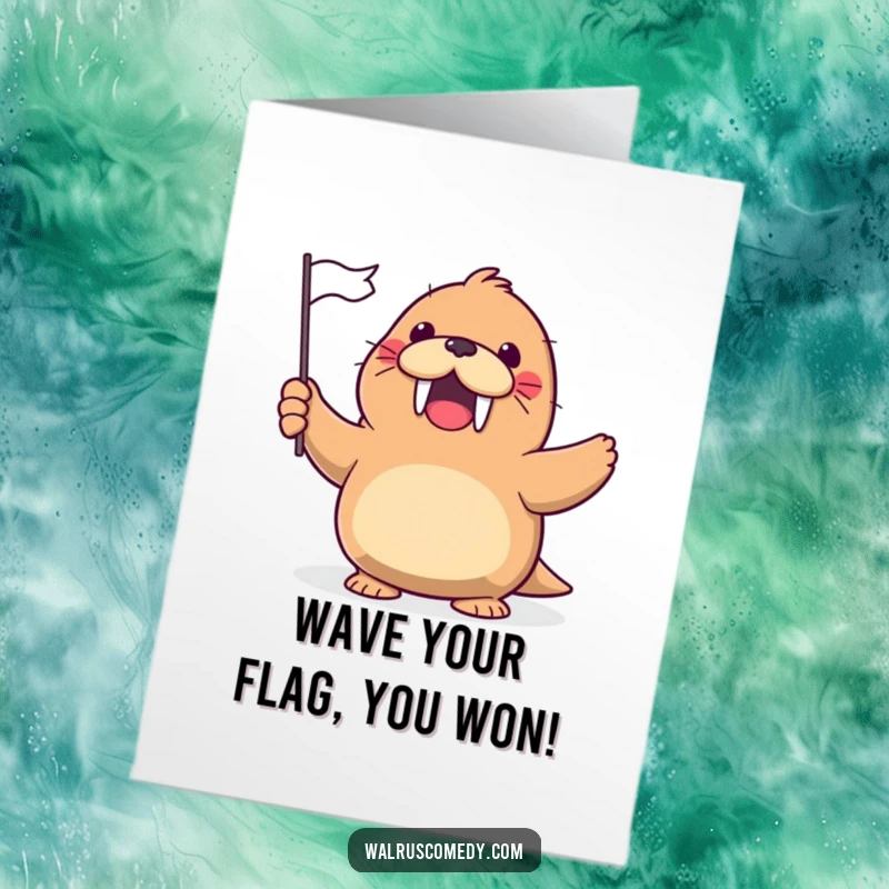 Funny Free Printable Congratulations Card: A happy kawaii walrus excitedly waves a small flag, celebrating success with glee.
