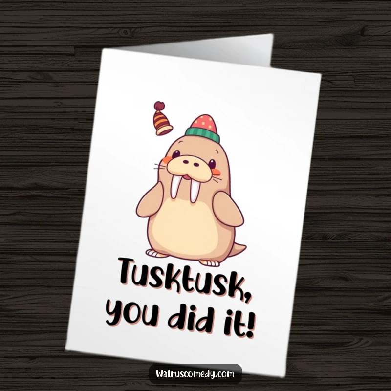 Funny Free Printable Congratulations Card: A smiling kawaii walrus expertly balances a small, funny hat on its tusk.