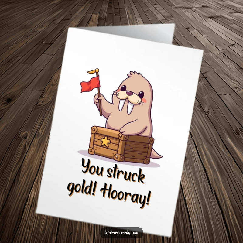 Funny Free Printable Congratulations Card: A cheerful walrus waves a flag from a treasure chest, celebrating success with downloadable humor.