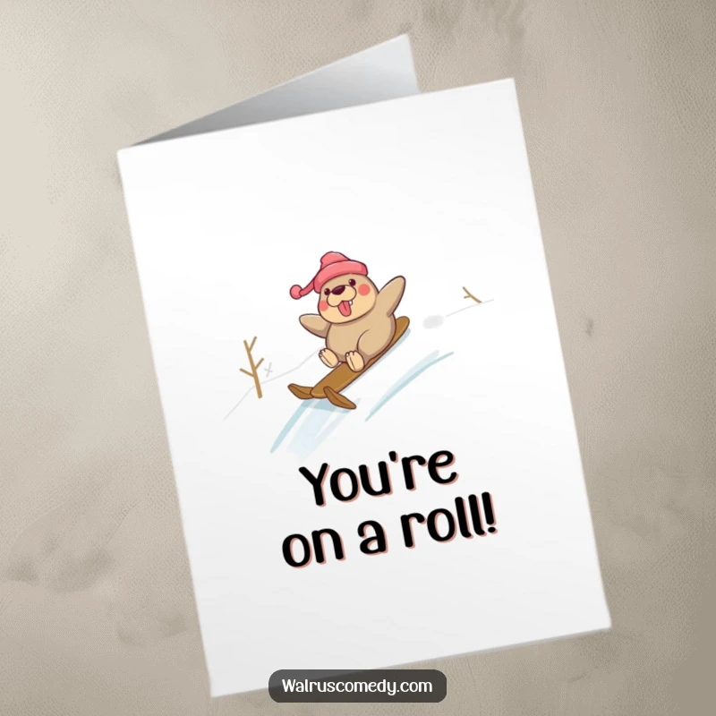Funny Free Printable Congratulations Card: Walrus sliding joyfully down a snowy hill, embracing the thrill of winter.