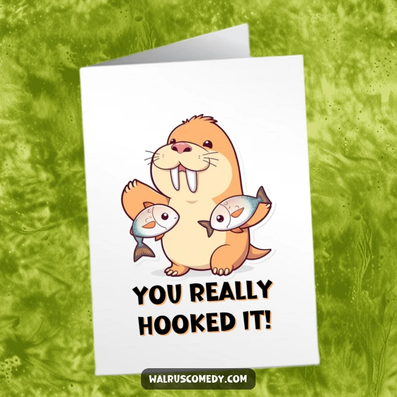 Funny Free Printable Congrats Card: Grinning walrus character juggling shiny fish, celebrating success with humor.