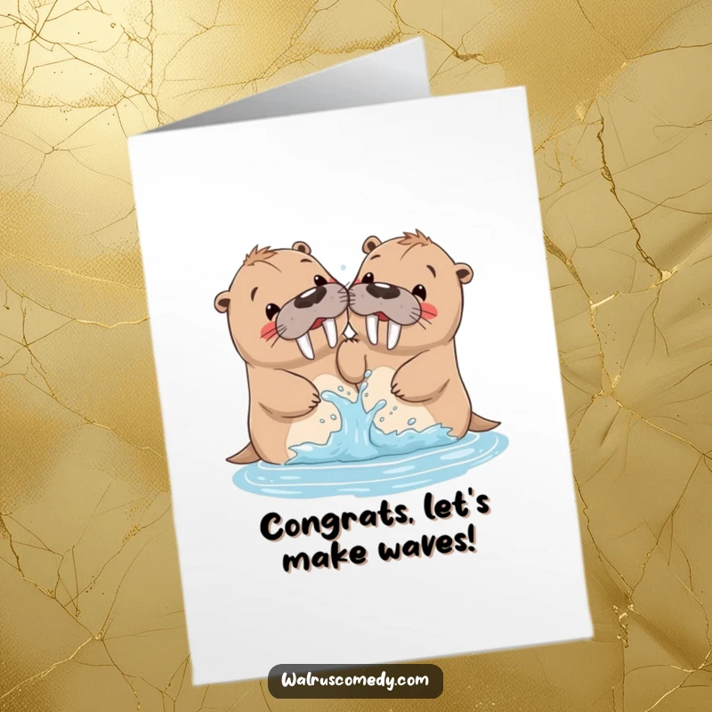 Funny Free Printable Congratulations Card: Walrus siblings joyfully splashing each other with water.