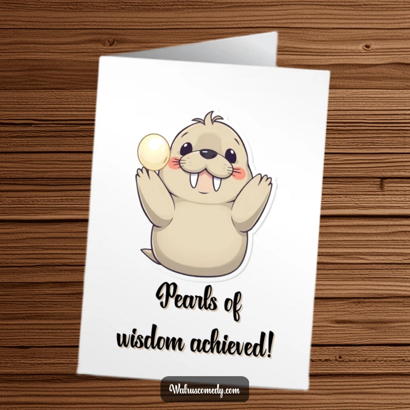 Funny free printable congratulations card: A beaming walrus presents a lustrous pearl, symbolizing a grand success. Sparkling downloadable art.