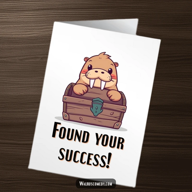 Funny free printable congratulations card: A curious walrus spies from behind a treasure chest, hinting at success. Humorous downloadable art.