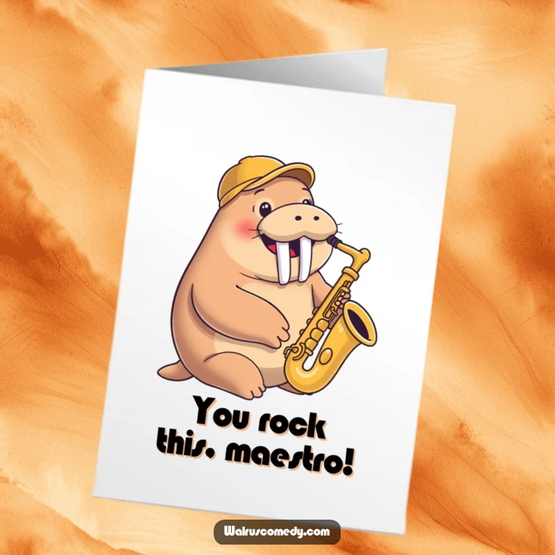 Funny Free Printable Congratulations Card showing a cheerful walrus wearing a jaunty cap, happily playing a saxophone with a big smile.