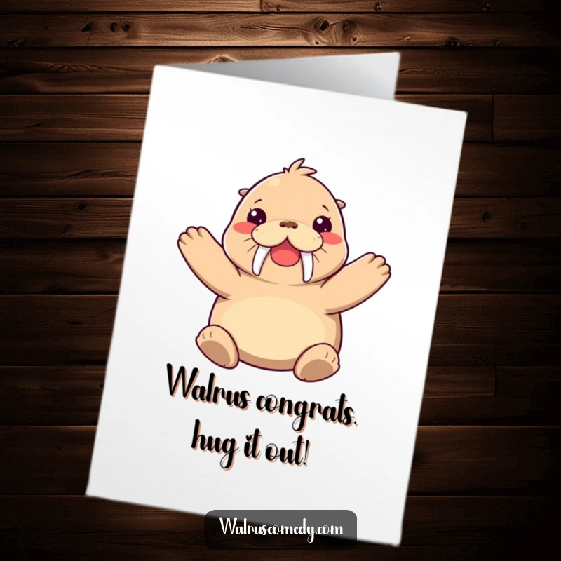 Funny Free Printable Congratulations Card: Joyful walrus outstretched flippers, offering a big hug.