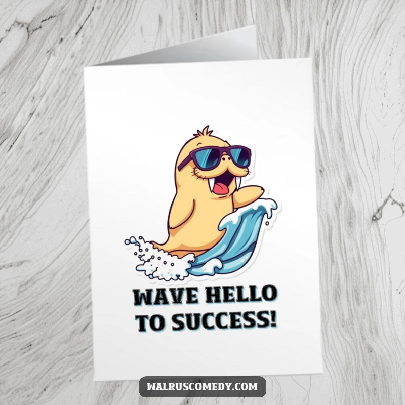Funny Free Printable Congrats Card: Walrus wearing sunglasses, excitedly riding a wave, celebrating big wins.