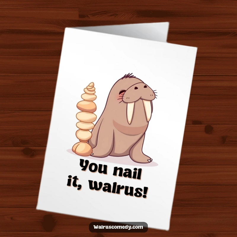Funny Free Printable congratulations card featuring a giggling walrus balancing a tall stack of seashells on its tusks. A hilarious downloadable gift.