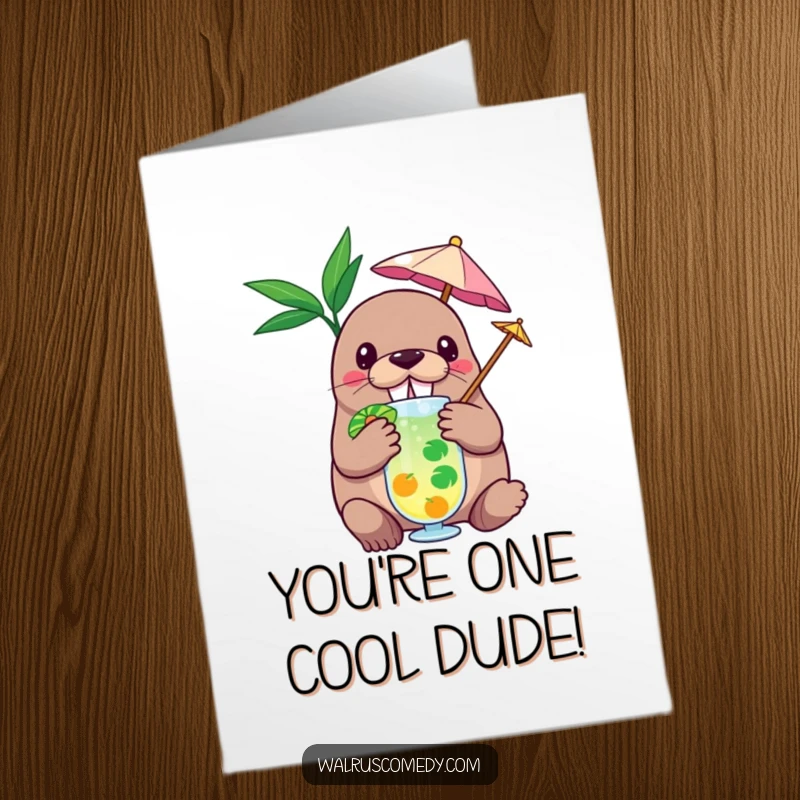 Funny Free Printable Congratulations Card: Walrus chilling with a tropical drink, perfect for sharing joy and laughs.