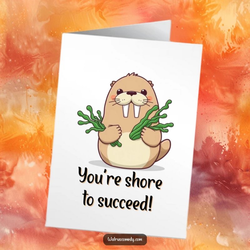 Funny Free Printable Congratulations Card: Cheerful walrus holding a bouquet of decorative seaweed, celebrating an oceanic success.